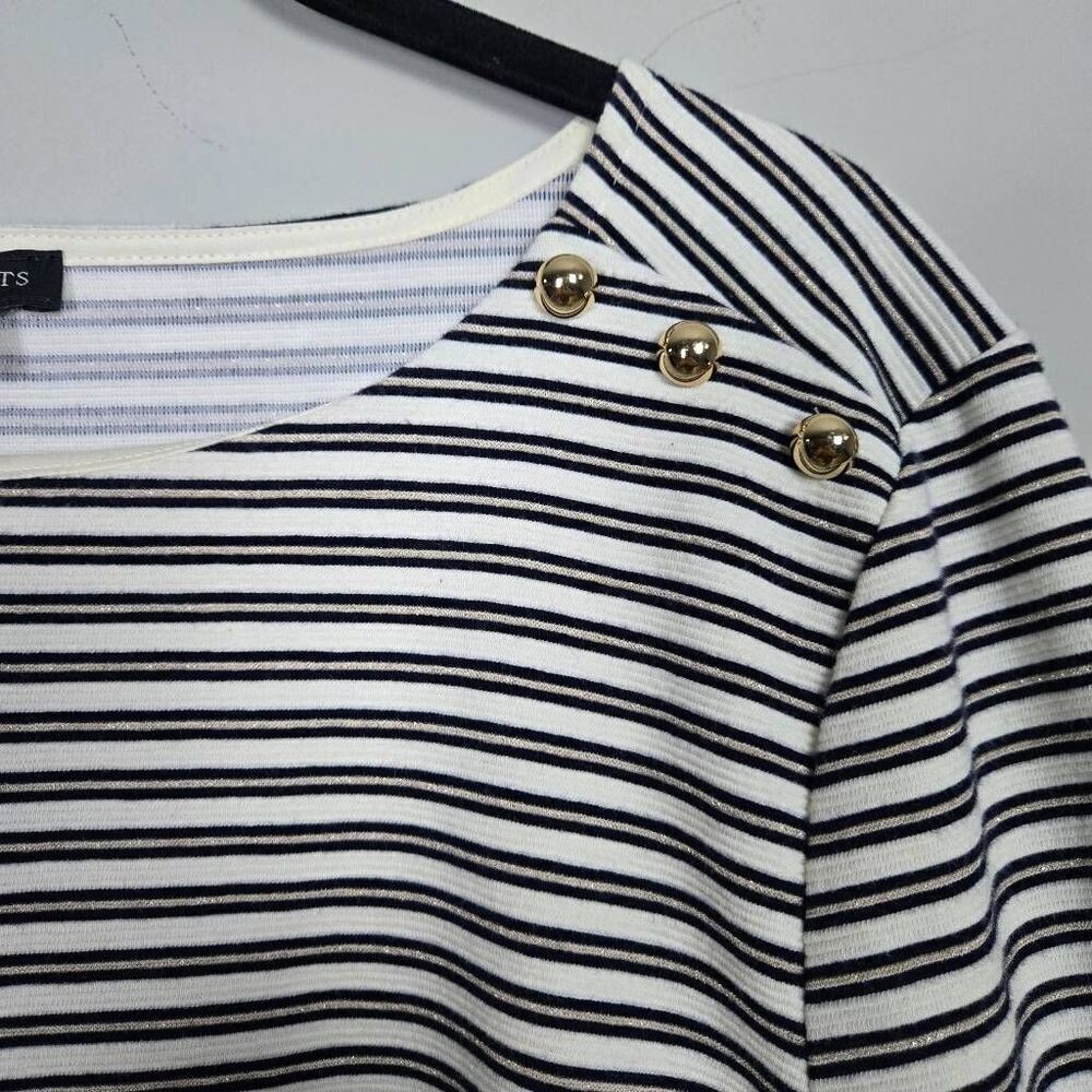 Talbots Womens Ruffle Long Sleeve Top XL Black Stiped Nautical Old Money Preppy - Picture 3 of 8